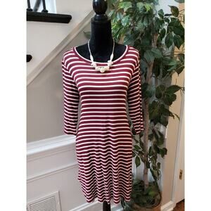 YEE Women's Brown & White Rayon Round Neck 3/4 Sleeve Knee Length Dress Small